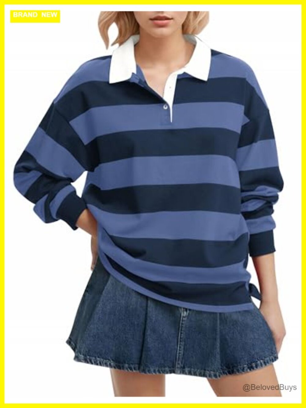 Oversized Striped V-Neck Rugby Polo Sweatshirt Pullover Top